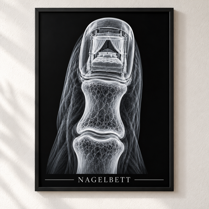 Nagelbett – Himmelbett – Poster mit schwarzem Rahmen