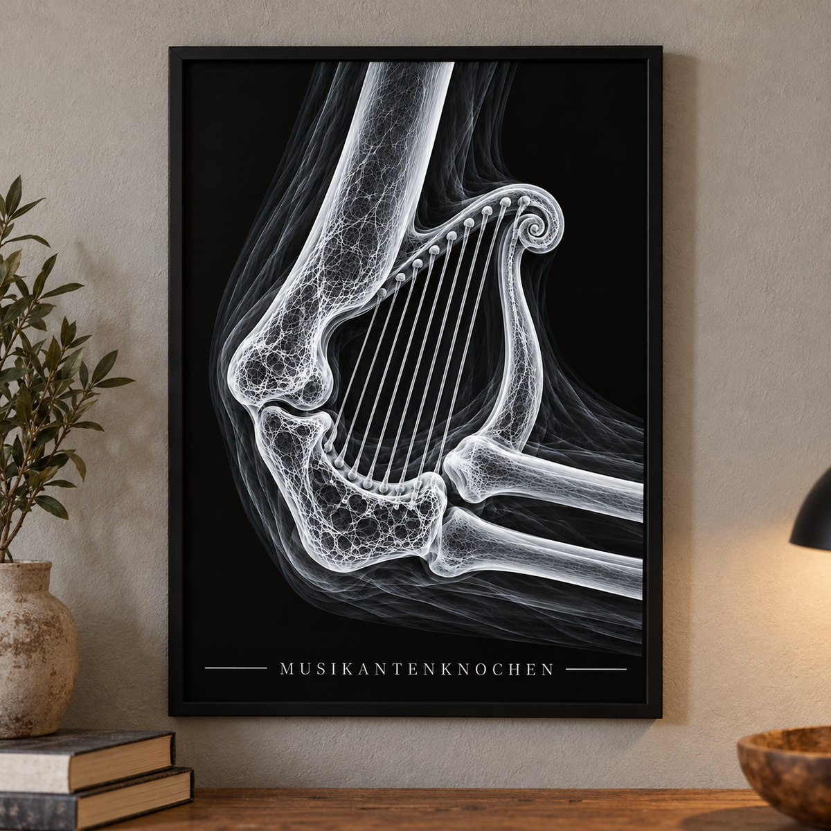 Musikantenknochen – Harfe – Poster mit schwarzem Rahmen