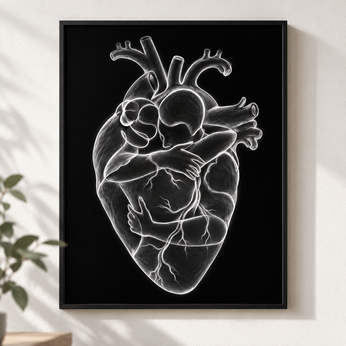 Herzumarmung – Silberlinien im schwarzen Rahmen an einer hellen Wand.