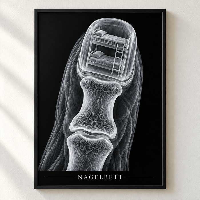 Nagelbett – Etagenbett – Poster mit schwarzem Rahmen