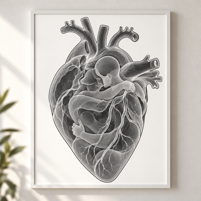 Herzumarmung – Zarte Nähe im weißen Rahmen an einer hellen Wand.