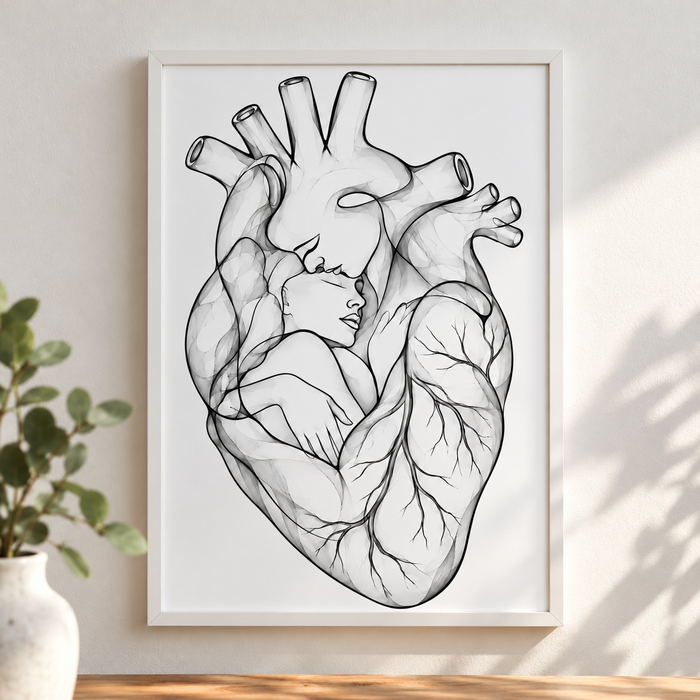 Stirnkuss – Klare Nähe im weißen Rahmen an einer hellen Wand.