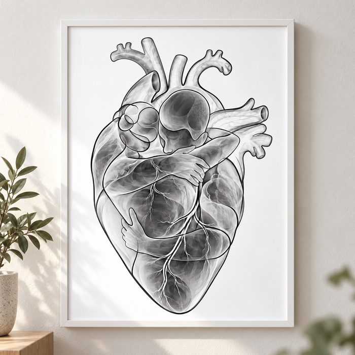 Herzumarmung – Klare Konturen im weißen Rahmen an einer hellen Wand.