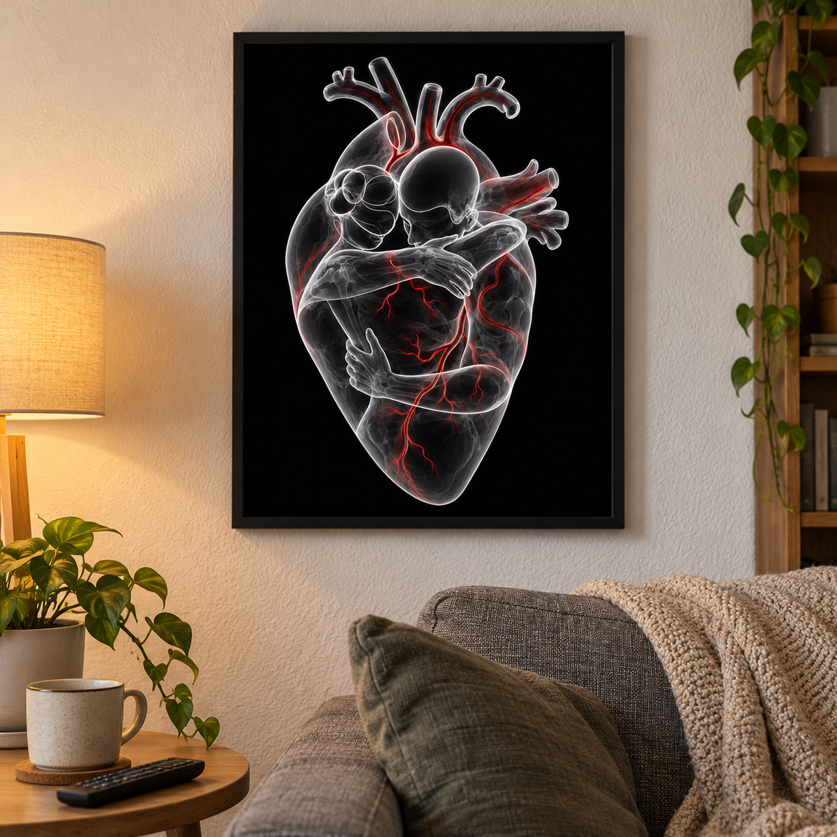 Herzumarmung – Rote Adern als schwarzes gerahmtes Poster in einem gemütlichen Wohnzimmer.