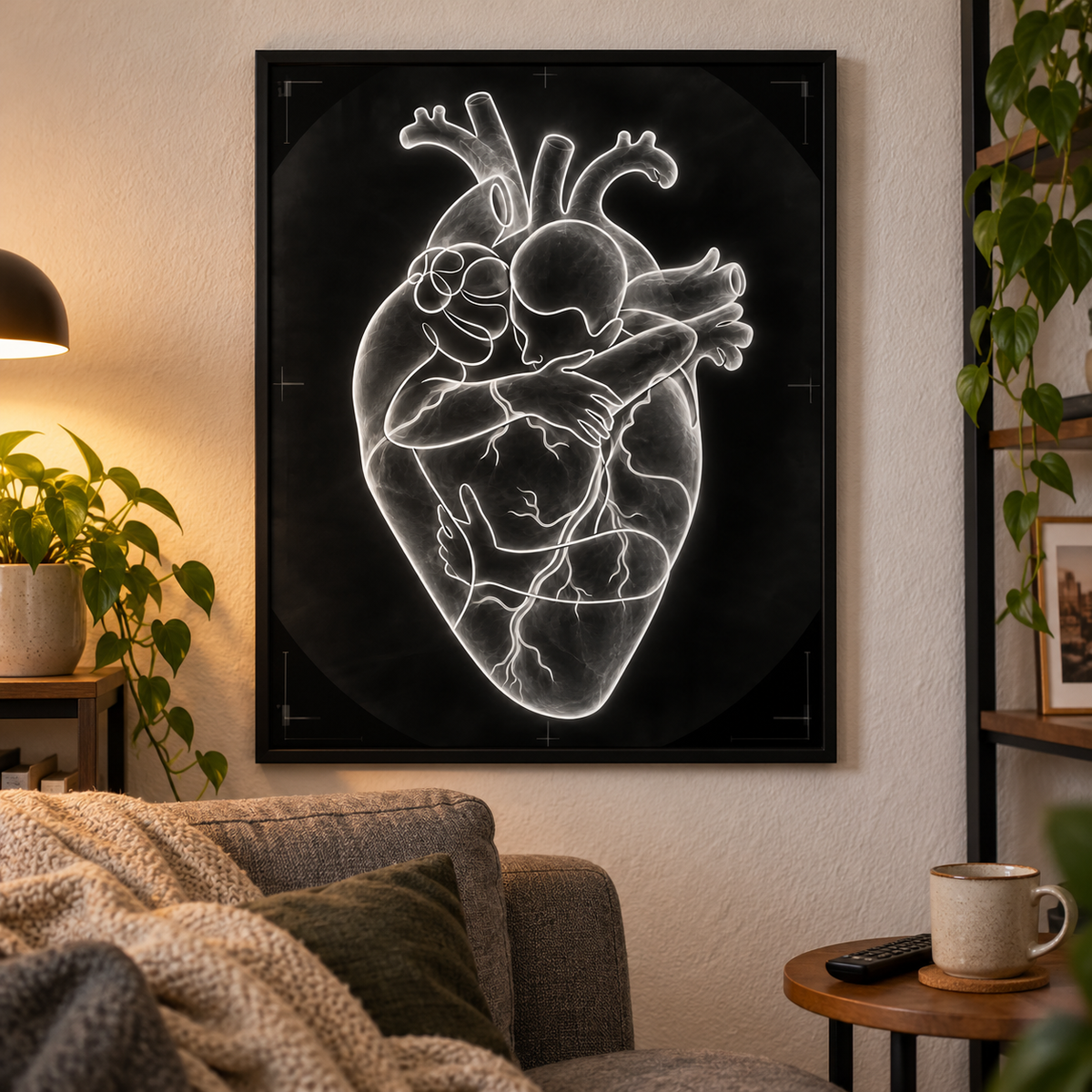 Herzumarmung – Röntgenfilm als gerahmtes Poster im Wohnzimmer.