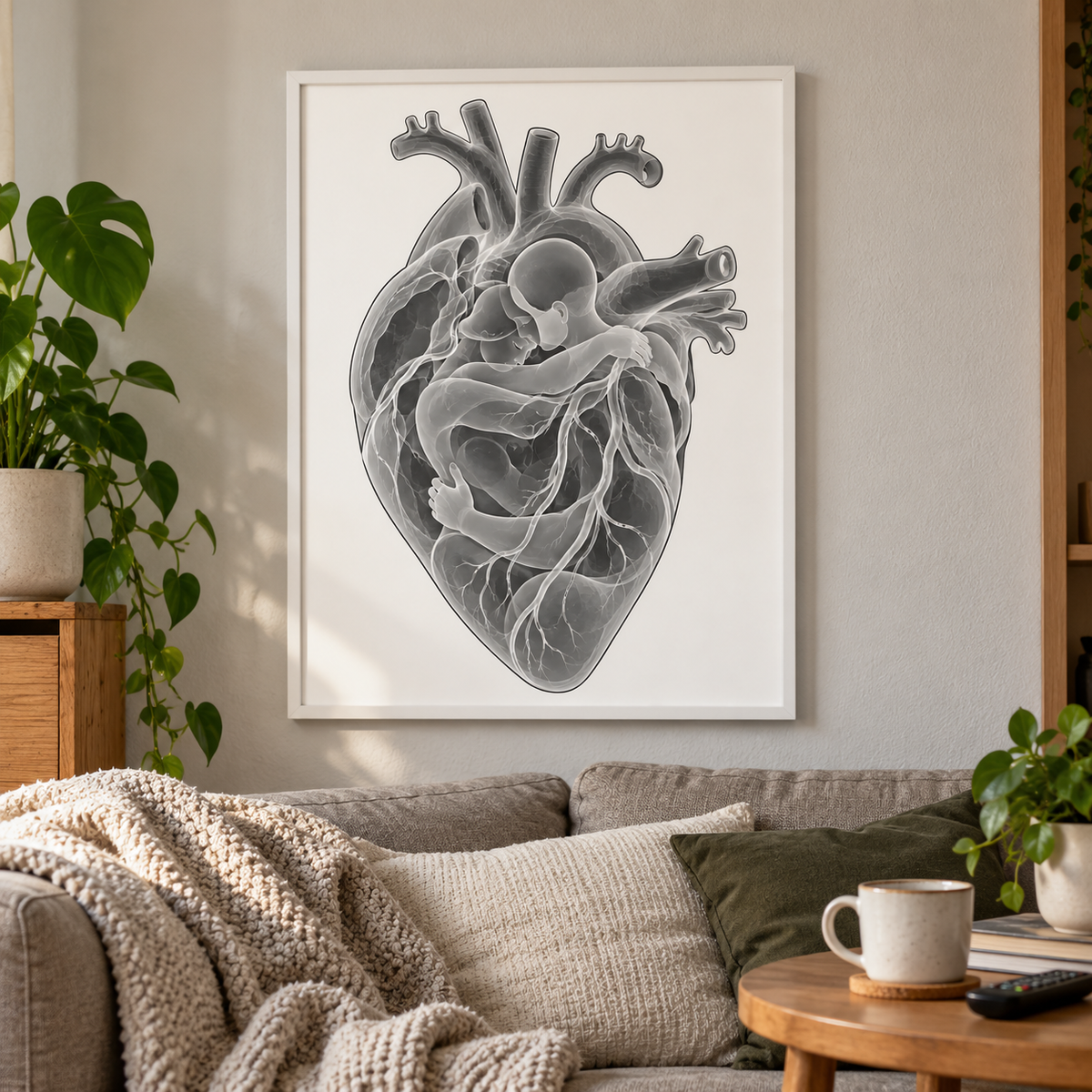 Herzumarmung – Zarte Nähe als gerahmtes Poster im Wohnzimmer.