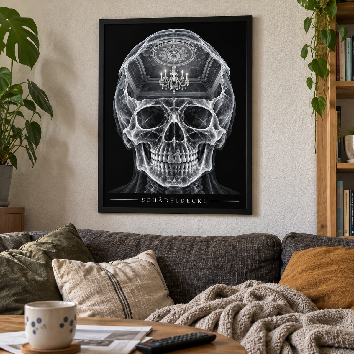 Schädeldecke – Kronleuchter – gerahmtes Wandbild im Wohnraum