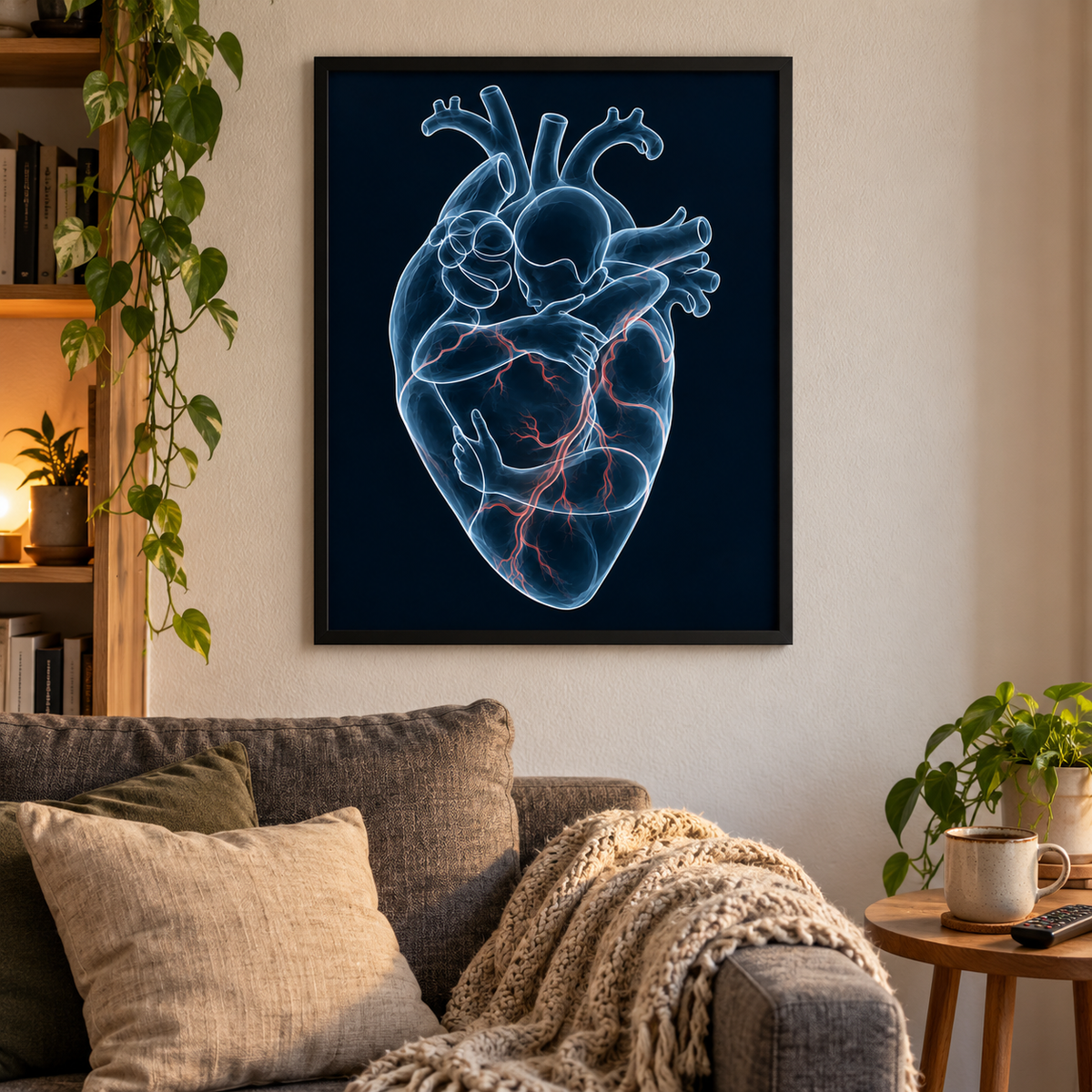 Herzumarmung – Blaue Verbundenheit als gerahmtes Poster im Wohnzimmer.