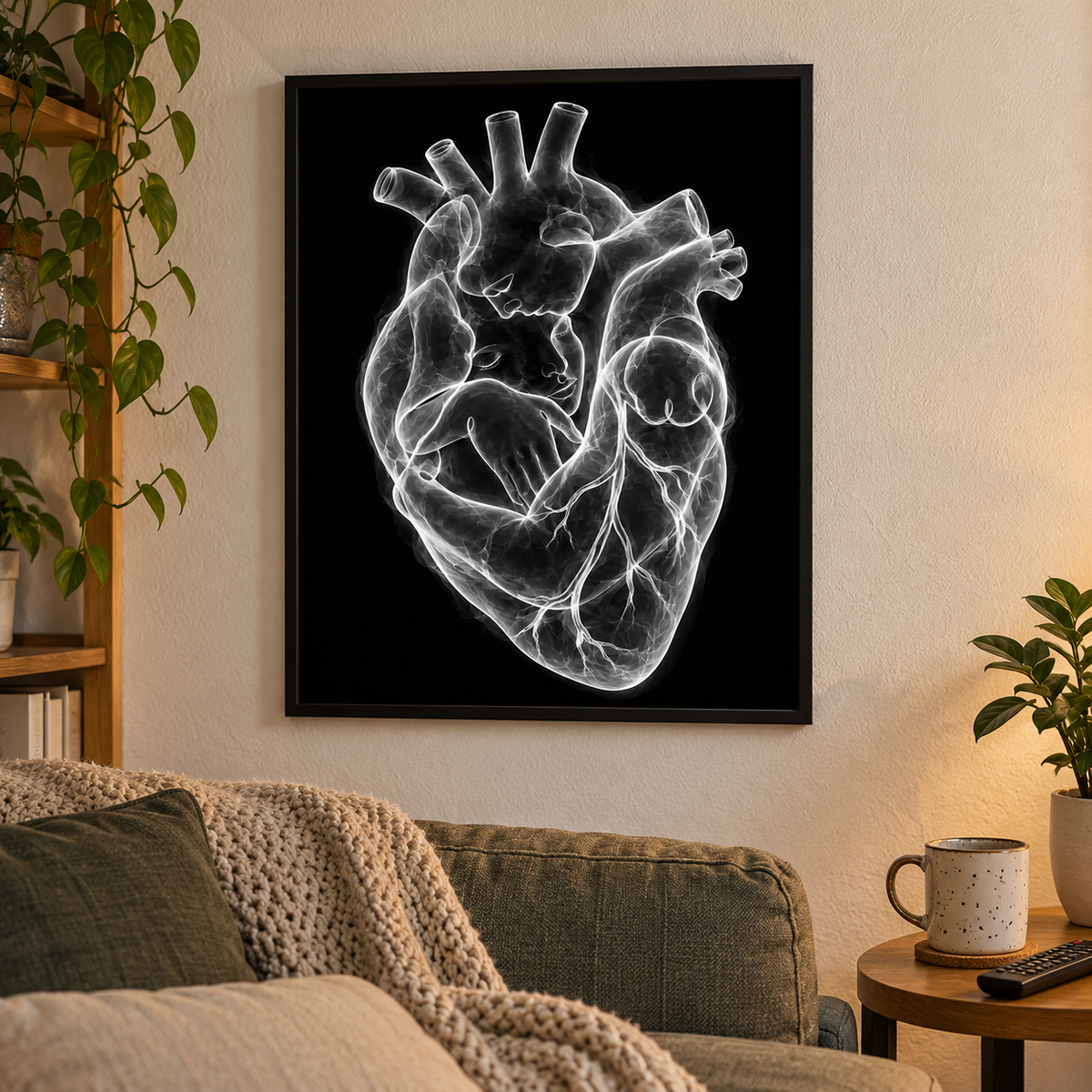 Stirnkuss – Silberne Nähe als gerahmtes Poster im Wohnzimmer.