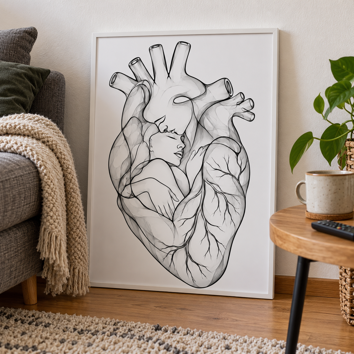Stirnkuss – Klare Nähe als gerahmtes Poster im Wohnzimmer.